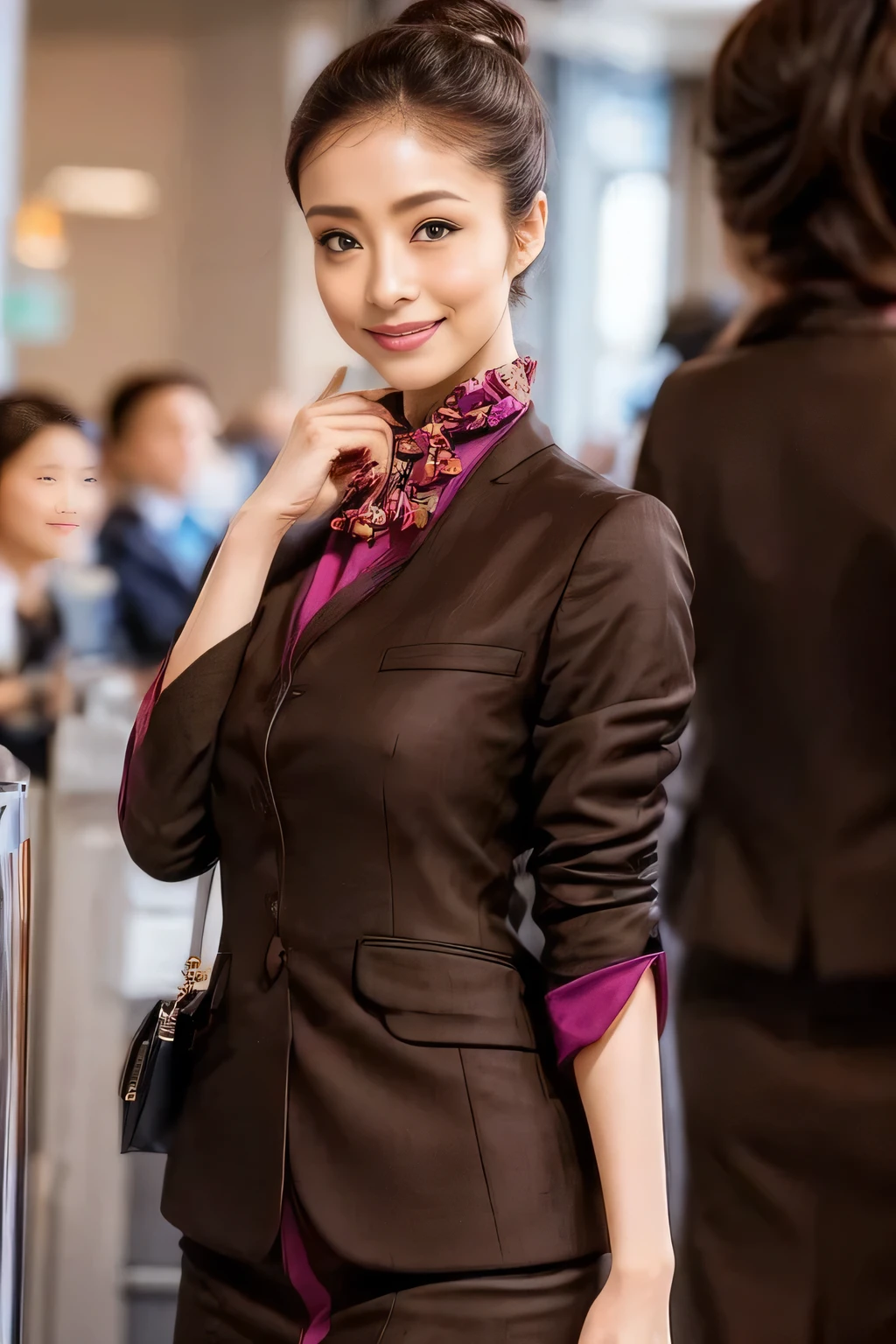 (masterpiece:1.2、highest quality:1.2)、32K HDR、High resolution、(alone、1 girl、Slim figure)、(A realistic reproduction of the ETIHAD Airways Cabincrew Uniform)、 (At the airport counter, Professional Lighting)、Airport counter wall background、A proper woman, Beautiful Face,、(Long sleeve ETIHAD Airways Cabincrew Uniform)、(ETIHAD Airways Cabincrew Uniform skirt with purple stripe on the front)、(scarf on chest)、Big Breasts、(Long Hair Up、Hair Bun)、Dark brown hair、Long Shot、((Great hands:2.0))、((Harmonious body proportions:1.5))、((Normal limbs:2.0))、((Normal finger:2.0))、((Delicate eyes:2.0))、((Normal eyes:2.0)))、Beautiful standing posture、smile、Place your hands around your stomach