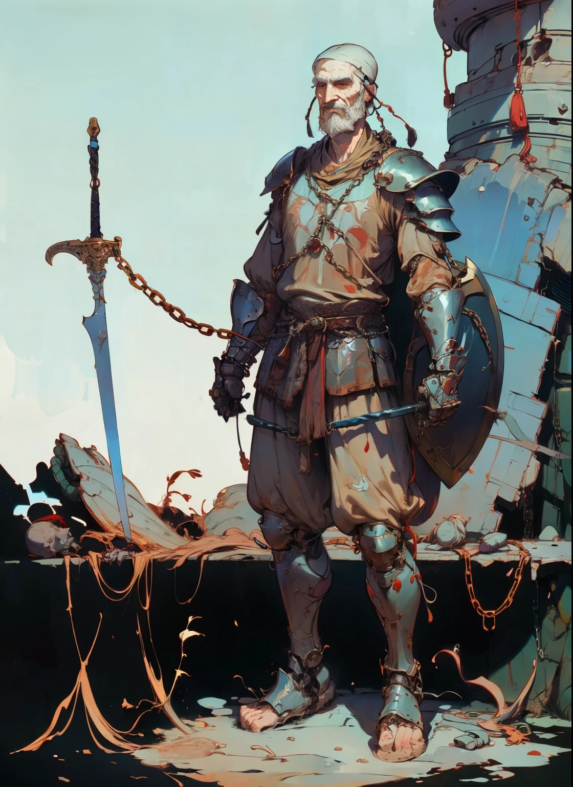 1man, old man, perfect proportions, anatomically correct, (head to toe: 2.0), (full body image: 2.0), solo, extremely stylized, masterpiece, highly detailed, detailed eyes, expressive detailed eyes, detailed pupils, futuristic, ((wearing medieval armor )), ((holding a sword and shield)), (cybernetic arms:1.4), big boots, entire body image, full body shot, large beads, (large tassels), inkpunk, paint platter, ink splatter, (action pose:1.0), ((chainmail shirt)), old warrior, long beard, ((armor shoulders))