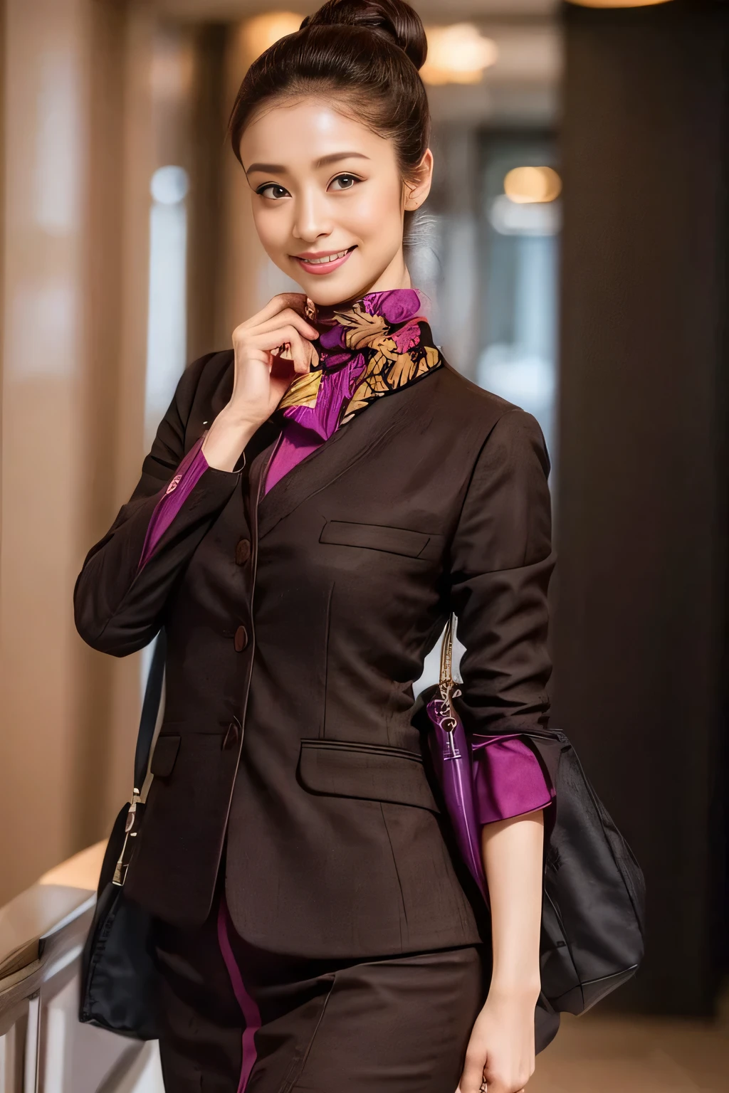 (masterpiece:1.2、highest quality:1.2)、32K HDR、High resolution、(alone、1 girl、Slim figure)、（A realistic reproduction of the ETIHAD Airways Cabincrew Uniform）、 (At the airport counter, Professional Lighting)、Airport counter wall background、A proper woman, Beautiful Face,、（Long sleeve ETIHAD Airways Cabincrew Uniform）、（ETIHAD Airways Cabincrew Uniform skirt with purple stripe on the front）、（scarf on chest）、Big Breasts、（Long Hair Up、Hair Bun）、Dark brown hair、Long Shot、（（Great hands：2.0））、（（Harmonious body proportions：1.5））、（（Normal limbs：2.0））、（（Normal finger：2.0））、（（Delicate eyes：2.0））、（（Normal eyes：2.0））)、Beautiful standing posture、smile、Place your hands around your stomach