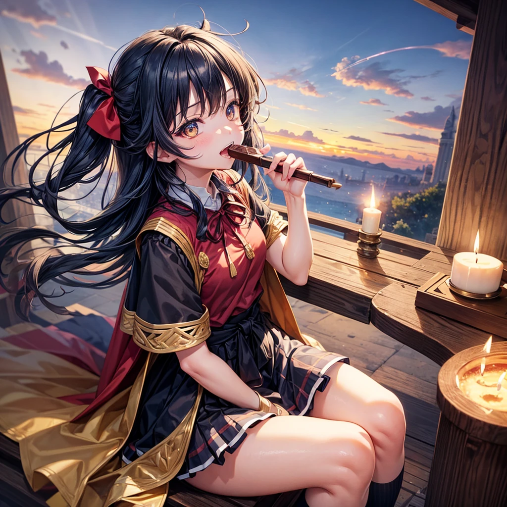 Dark Blue Hair、Golden Eyes、Braid、One good looking girl、solo、anime、Checkered mini skirt、Ruffles on the skirt、Red T-shirt、Cape、Gothic、Black knee-high socks、bandana、Wearing a ribbon、Ribbon on waist、Tilting face、Teeth are visible、Sunset sky、Piercing the clouds、Contrail、tree、Touching your face、lotus leaves、Cumulonimbus、Pillar of Light、Magic wand、Sitting on a golden treasure chest、I'm pounding、candle fire、Eating chocolate、From above