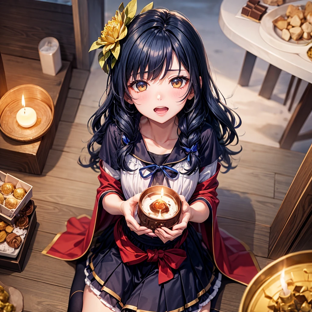 Dark Blue Hair、Golden Eyes、Braid、One good looking girl、solo、anime、Checkered mini skirt、Ruffles on the skirt、Red T-shirt、Cape、Gothic、Black knee-high socks、bandana、Wearing a ribbon、Ribbon on waist、Tilting face、Teeth are visible、Sunset sky、Piercing the clouds、Contrail、tree、Touching your face、lotus leaves、Cumulonimbus、Pillar of Light、Magic wand、Sitting on a golden treasure chest、I'm pounding、candle fire、Eating chocolate、From above