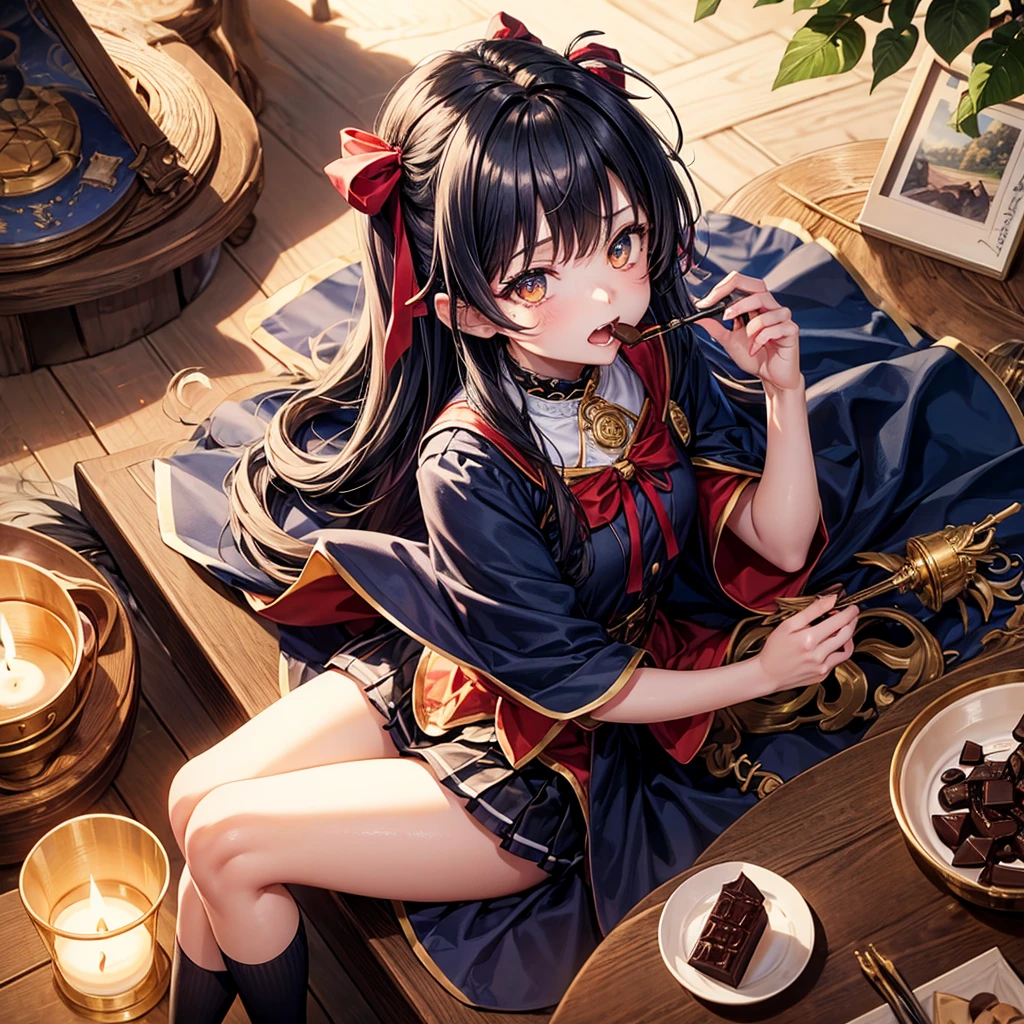 Dark Blue Hair、Golden Eyes、Braid、One good looking girl、solo、anime、Checkered mini skirt、Ruffles on the skirt、Red T-shirt、Cape、Gothic、Black knee-high socks、bandana、Wearing a ribbon、Ribbon on waist、Tilting face、Teeth are visible、Sunset sky、Piercing the clouds、Contrail、tree、Touching your face、lotus leaves、Cumulonimbus、Pillar of Light、Magic wand、Sitting on a golden treasure chest、I'm pounding、candle fire、Eating chocolate、From above