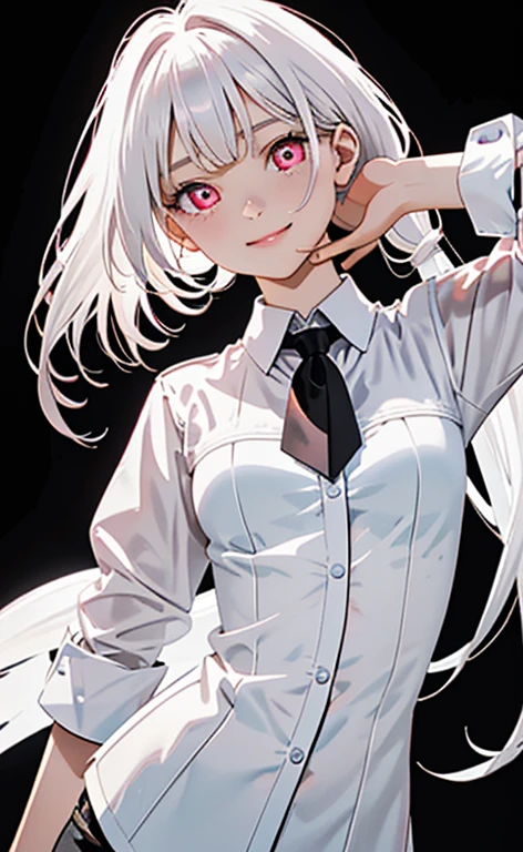 (Photorealistic:1.4)、asuna,(masterpiece、lens flare:1.5、spot light:1.2、Exquisite beautiful eyeonochrome:1.5,portlate、)、Cute Face、 3D Face、(pearl white hair:1.5、Straight Hair)、(1 Girl)、(Red eyes:1.2)、(cowboy shot)、(fingersmile),()、 (Cute face:1.2),(small breasts),(),kind face,(pearl white collared shirt),(black background:1.5)、(glowing eyes:1.3)、()、 Neat and clean、Adorable、Slim Body(Tareme:1.5),Shiny Hair、(Glowing pink Skin)、Nijisketch,Manga,zydG
