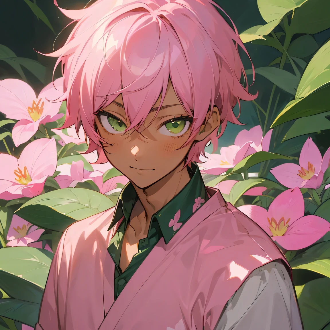 (masutepiece), (Best Quality), Highly detailed, 1 boy, Solo Focus, dark skin, Perfect face, Beautiful face, extra detailed face,(Pink hair short:1.3),(Green eyes:1.3),florals,butterflys々,florals petals,optic,kirakira,a smile, manhwa style