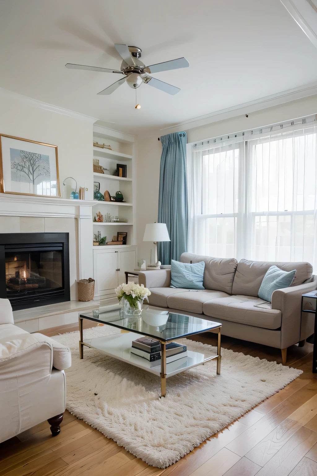 Modern living room featuring white sectional sofas adorned with blue and white accent pillows. A fluffy blue area rug covers the floor. There is a glass coffee table with decorative items placed on top. Large windows with sheer white curtains and blue drapes fill the room with natural light. A minimalist, recessed ceiling light fixture and a wall-mounted flat-screen TV above a modern fireplace with a visible flame complete the contemporary look. A vase with white flowers stands on a side table.
