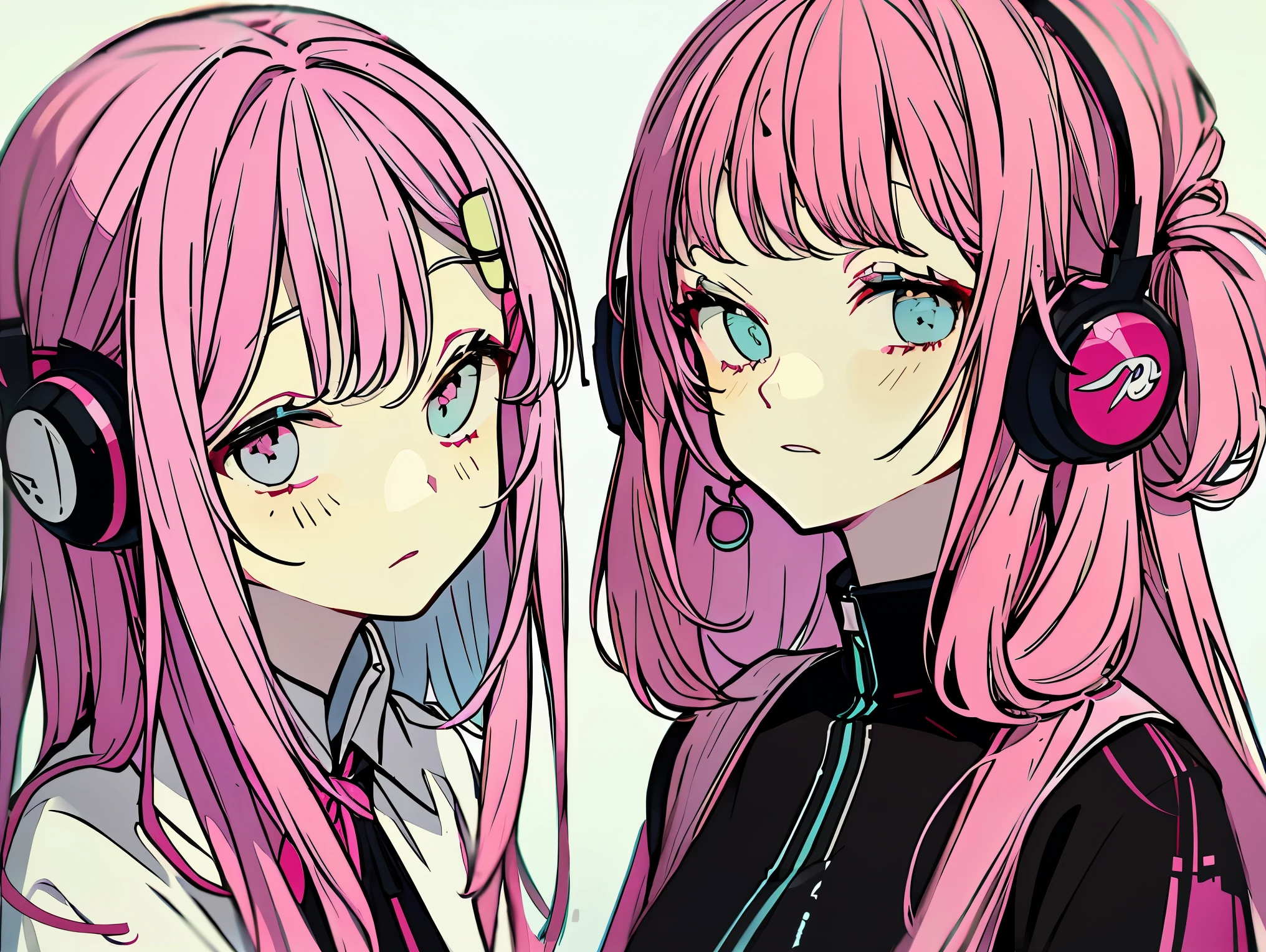 Straight Hair、Pink Hair、Blunt bangs、headphone, Anime Moe Art Style, Anime Drawings, Anime style portrait, Anime Girlsのポートレート, anime painting, Anime style painting, Anime Sketch, Anime Girlsのポートレート, Anime Portrait, Anime Girls,  Anime Girls, Anime Shading), Anime Shading, Cartoon drawing