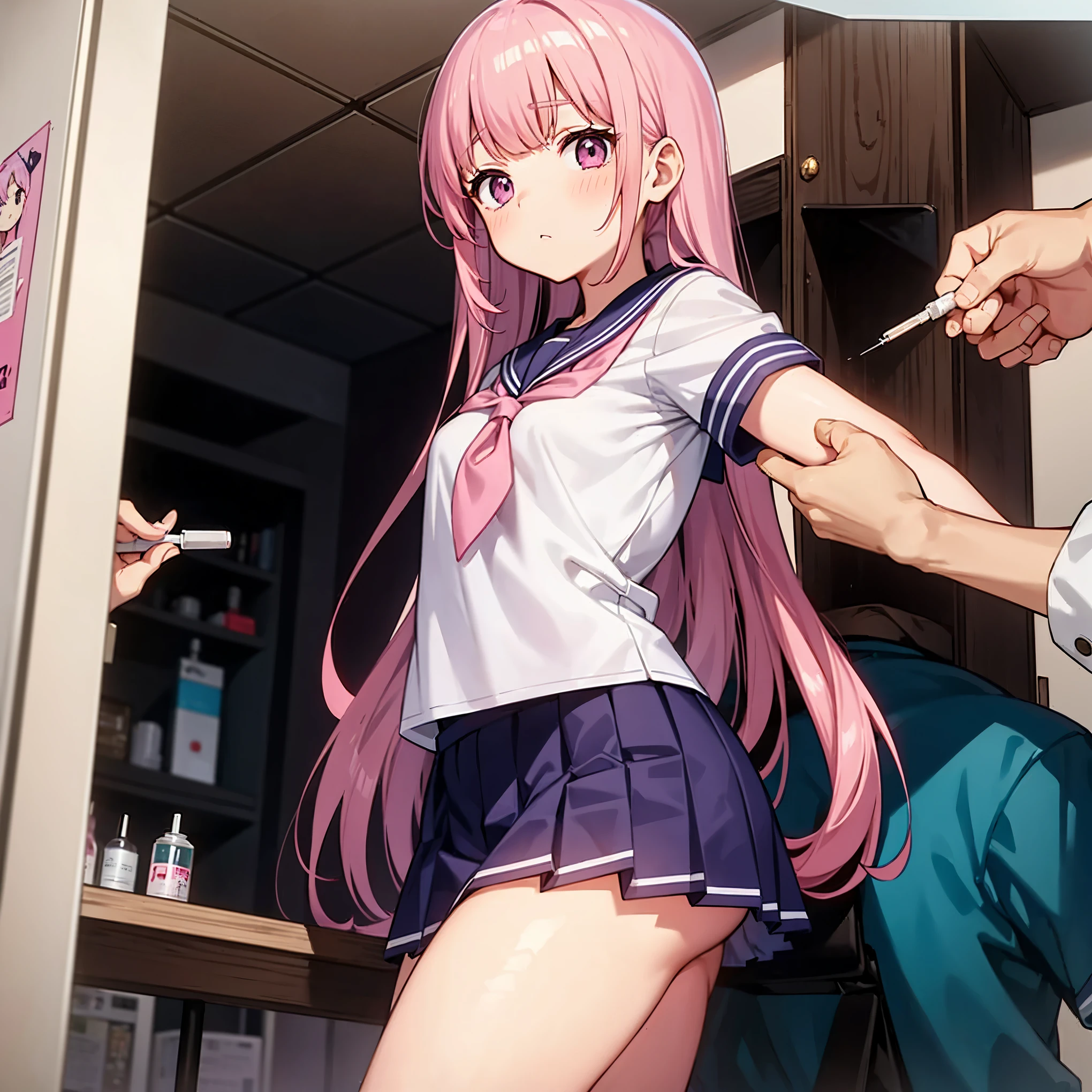 A pink-haired high school girl in a sailor uniform receives a vaccination、A man grabs your arm、Take the syringe and stick it into your upper arm.。.
