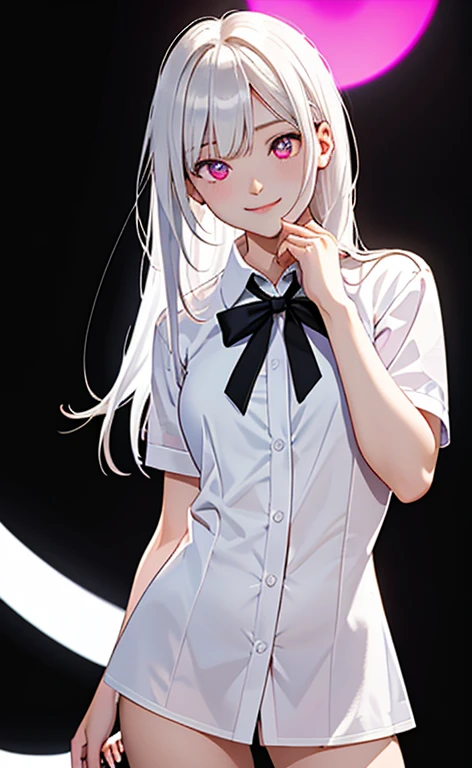(Photorealistic:1.4)、asuna,(masterpiece、lens flare:1.5、spot light:1.2、Exquisite beautiful eyeonochrome:1.5,portlate、)、Cute Face、 3D Face、(pearl white hair:1.5、Straight Hair)、(1 Girl)、(Red eyes:1.2)、(cowboy shot)、(fingersmile),()、 (Cute face:1.2),(small breasts),(),kind face,(pearl white collared shirt),(black background:1.5)、(glowing eyes:1.3)、()、 Neat and clean、Adorable、Slim Body(Tareme:1.5),Shiny Hair、(Glowing pink Skin)、Nijisketch,Manga,zydG