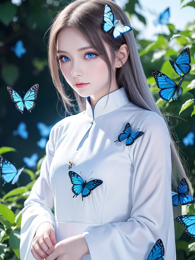 White, shoulder-length hair、Wearing a white and blue ao dai、Beautiful androgynous woman with royal blue eyes and blue butterflies on the background。