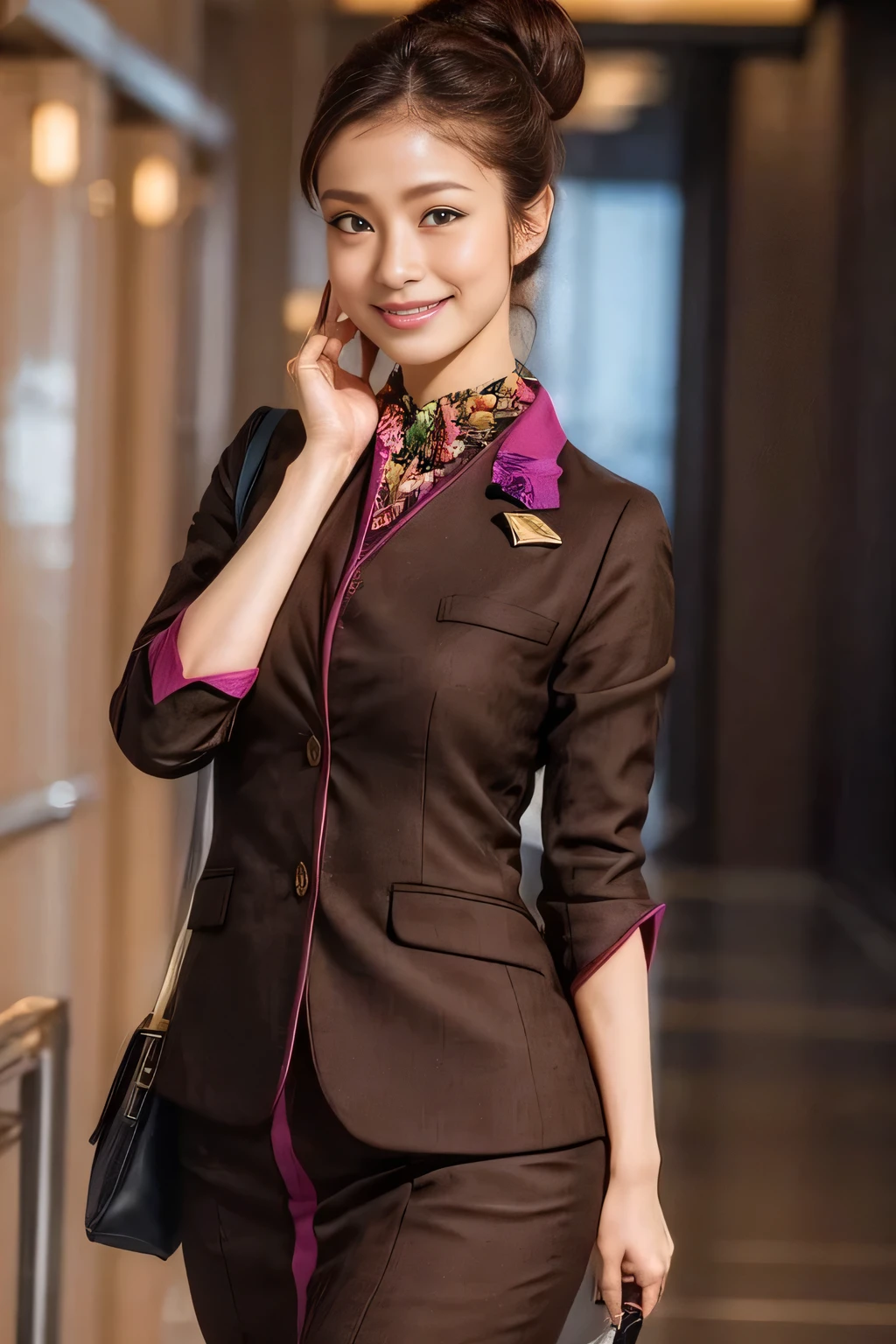 (masterpiece:1.2、highest quality:1.2)、32K HDR、High resolution、(alone、1 girl、Slim figure)、（A realistic reproduction of the ETIHAD Airways Cabincrew Uniform）、 (At the airport counter, Professional Lighting)、Airport counter wall background、A proper woman, Beautiful Face,、（Long sleeve ETIHAD Airways Cabincrew Uniform）、（ETIHAD Airways Cabincrew Uniform skirt with purple stripe on the front）、（scarf on chest）、Big Breasts、（Long Hair Up、Hair Bun）、Dark brown hair、Long Shot、（（Great hands：2.0））、（（Harmonious body proportions：1.5））、（（Normal limbs：2.0））、（（Normal finger：2.0））、（（Delicate eyes：2.0））、（（Normal eyes：2.0））)、Beautiful standing posture、smile、Place your hands around your stomach