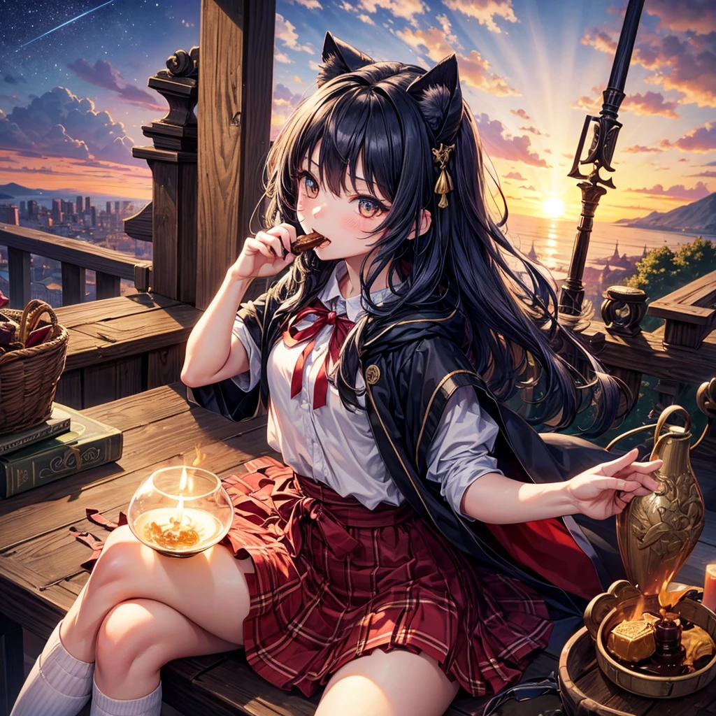 Dark Blue Hair、Golden Eyes、Braid、One good looking girl、solo、anime、Checkered mini skirt、Ruffles on the skirt、Red T-shirt、Cape、Gothic、Black knee-high socks、bandana、Wearing a ribbon、Ribbon on waist、Tilting face、Teeth are visible、Sunset sky、Piercing the clouds、Contrail、tree、Touching your face、lotus leaves、Cumulonimbus、Pillar of Light、Magic wand、Sitting on a golden treasure chest、I'm pounding、candle fire、Eating chocolate、From above