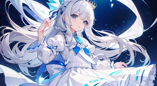 Small Crown semi-long Silver Hair Light blue eyes girl White frill shirt White ruffle skirt Light blue ribbon Ice around