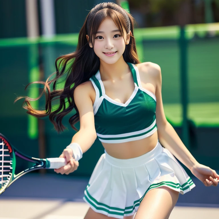 Photo-realistic quality、A 20-year-old idol wearing a white top and green skort and swinging a tennis racket, A girl playing tennis, Tennis Wear, Japanese model playing tennis, West Shot, looking at the camera、Detailed and beautiful eyes、Cute Smile、A soft and gentle look