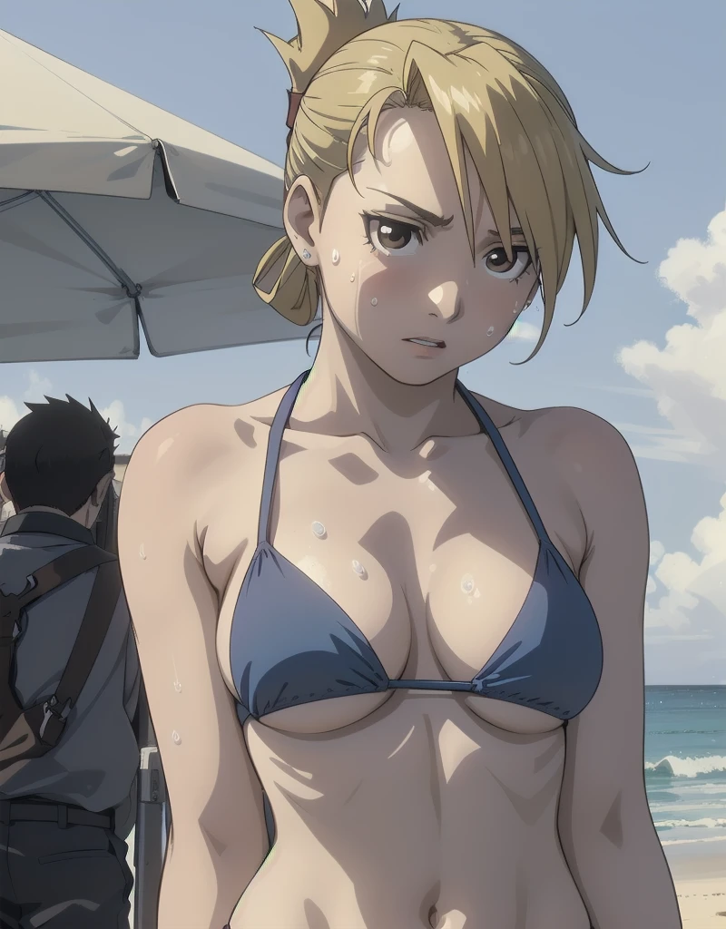 masterpiece, highest quality, High resolution, One Girl, Hamriz, ponytail, Brown eyes,big , Micro Bikini、Beach,Outdoor、Upper body close-up、Muscular body、blush、Sweat、Composition from the front、anime、(((Light blue bikini、真Composition from the front、Sweat、null、cloud、Sandy Beach、Beach、Stand in front、Pussy Line、audience)))