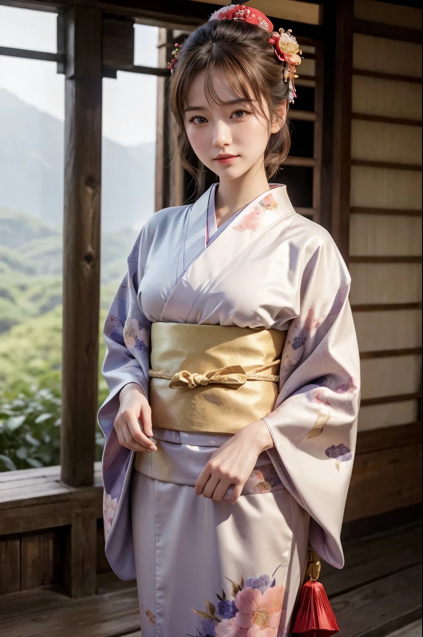 (masterpiece, highest quality, Realistic, High resolution, photograph, :1.3), Sharp focus, 1 Cute Japanese Girl, Hot Model, Highly detailed eyes and pupils, Realistic Skin, Highly detailed hair, Delicate face, Sensual look, Bright lips, Natural Lip, ((whole body shot)), standing pose, smile, (Kimono:1.5), (Floral:1.2), ((sash)), ((obi)), outside of home, (Japanese Style Country), full body,