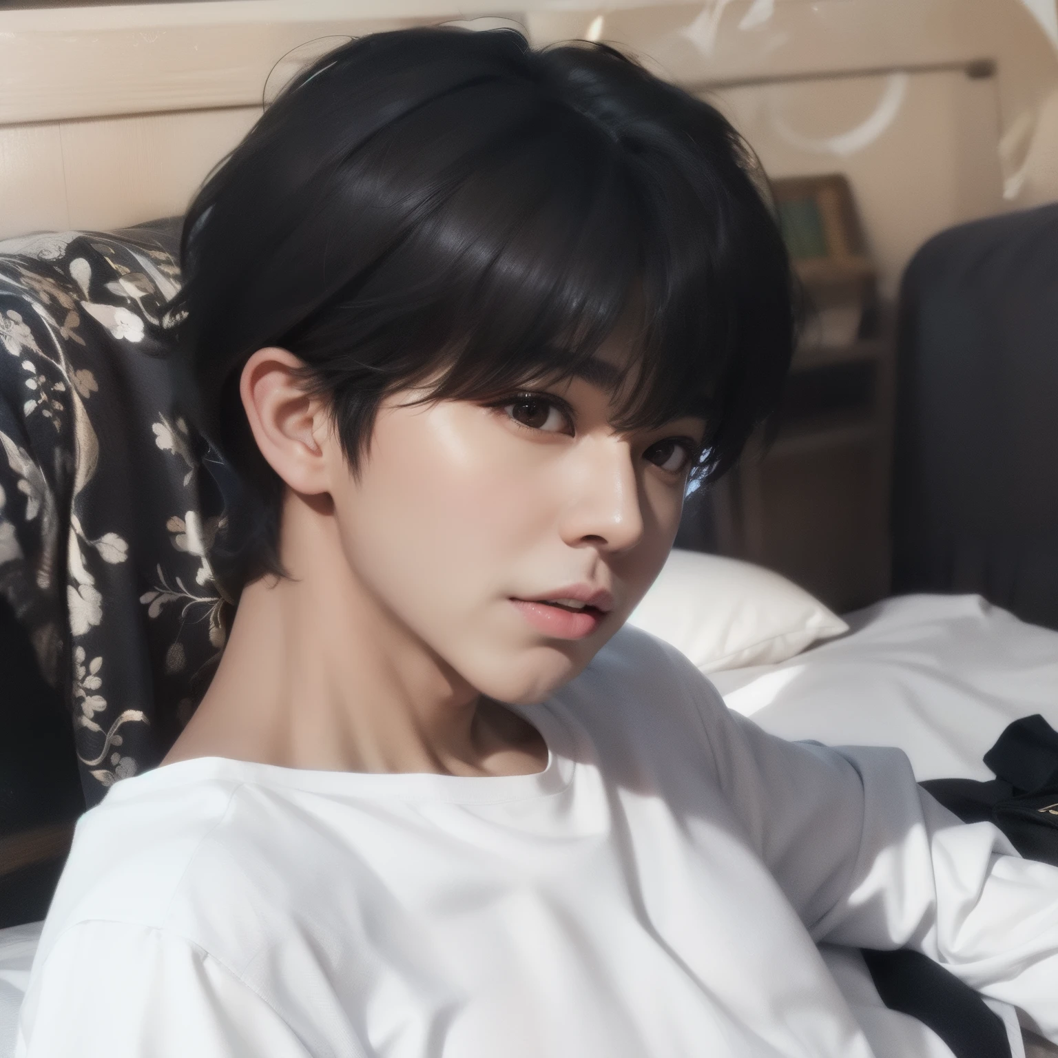 Araffated Asian man sitting on bed wearing white shirt, jungkook, black hair shine, Hyuntae, with short hair, Bangtan Boys (BTS), Taejin Kim, jimin, He has short curly brown hair, l·laurel, handsome little prince, Doyoung Kim, official photos, ✨🕌🌙, smart ulzzang, read ten times
