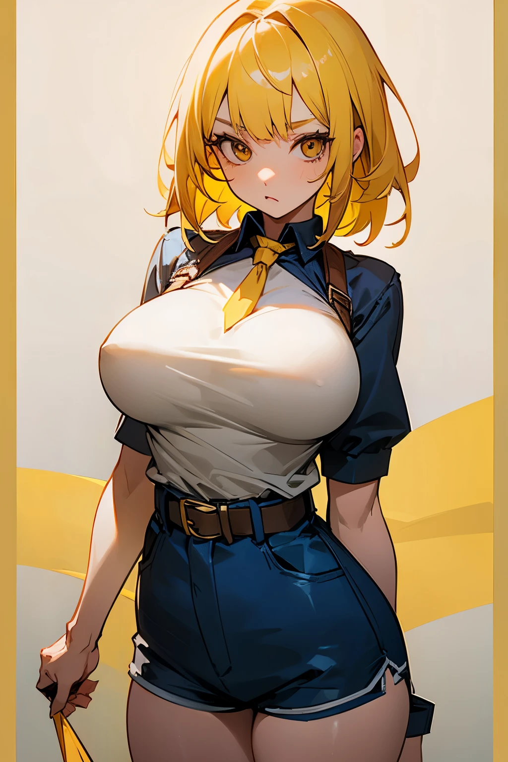 Girl, yellow hair, brown eyes, big breasts, dark blue belt, short shorts