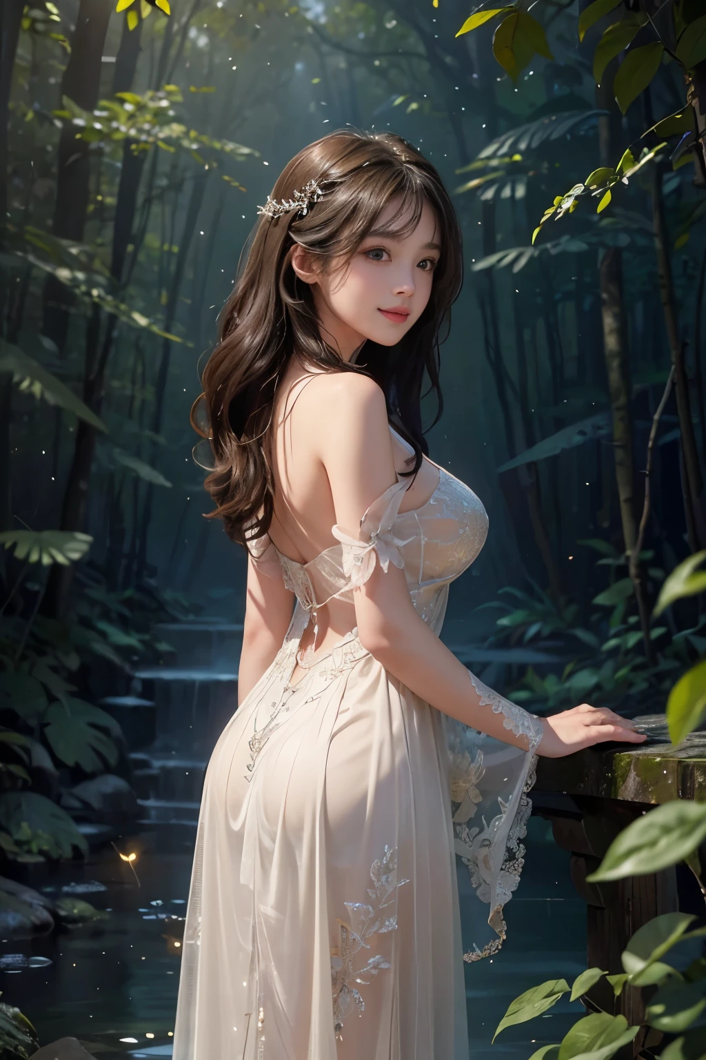 (Masterpiece:1.2), best quality, (illustration:1.2), (ultra-detailed), hyper details, (delicate detailed), (intricate details), (cinematic light, best quality Backlights), clear line, from below, soloist, soft lights, ethereal, magical looking, a candid looking girl with soft curly black hair, brown eyes, forest, fairytale, full body,  perfect body, big breasts, magical, light particles, fireflies, cute smile