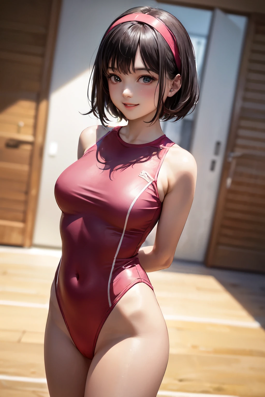 very cute and beautiful girl,(highly detailed beautiful face and eyes),(pink leotard:1.2),sleeveless,(smile:1.2),blush,shy,
standing near training mat in wooden gym,arms behind back,cowboy shot,hair band,black hair,looking at viewer,
(best quality,masterpiece),absurdres,highres,ultra-detailed,extremely detailed,32k,8k resolution,
intricate details,cinematic scene,detailed background,solo,dynamic angle,