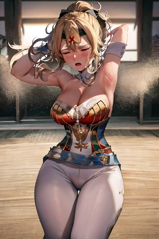 masterpiece, best quality, beautiful art, high resolution, well formed hands, body and fingers, 1 woman, solo, Jean Gunnhildr, wearing a Wonder Woman outfit , adult, big breasted, cleavage, full body, sexy and skimpy outfit , gorgeous hips, legs and thighs , ryona,in peril, she is being beaten up by her opponent, receiving the impact of her opponent's attacks, reacting to the hits, closed eyes, she is being slapped in the face, knocked down, slammed against the floor, screaming in pain and agony, showing weakness and vulnerability, heroine in peril, ryona and perilous scene, sweating, bouncing breasts, martial arts tournament with beach environment