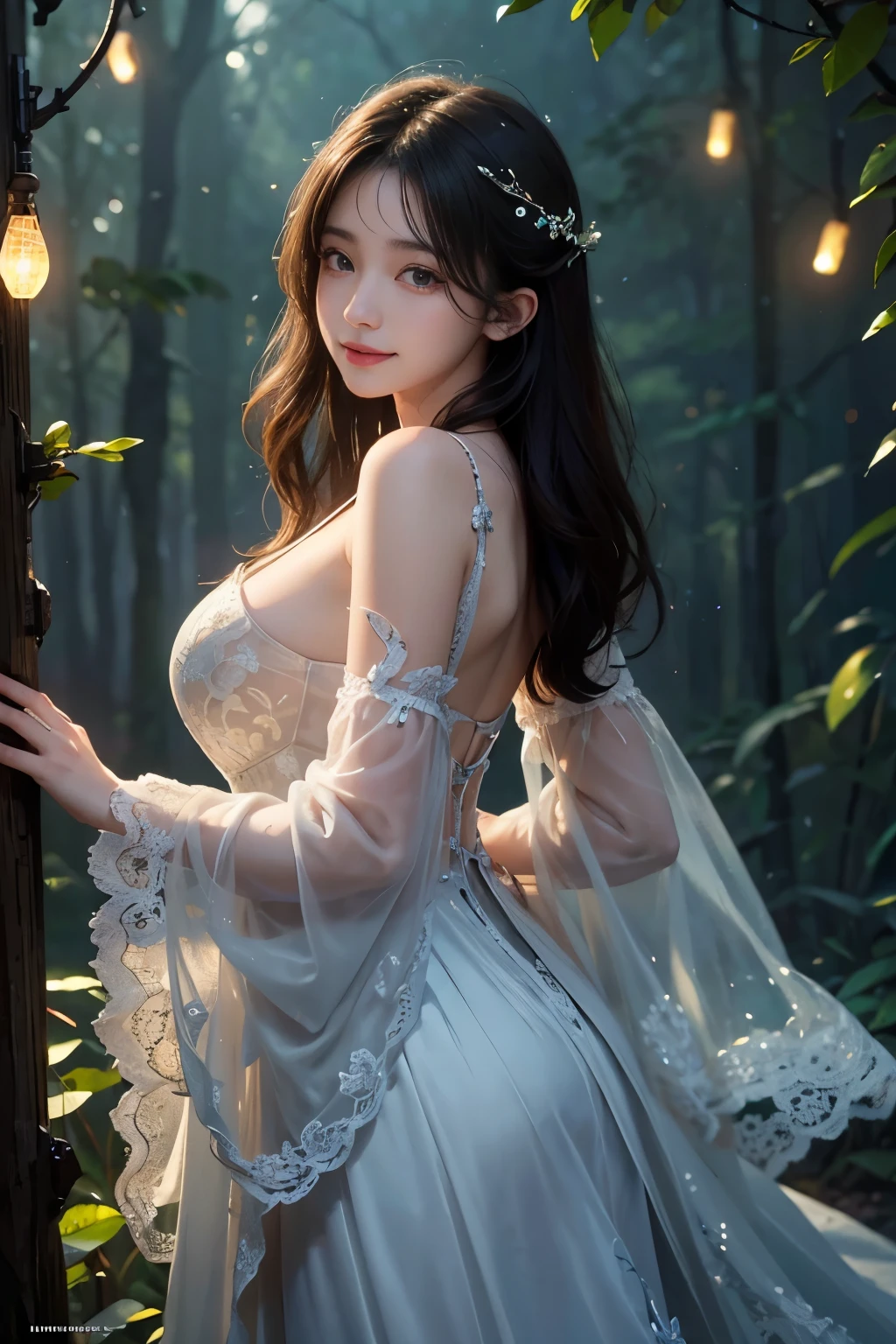 (Masterpiece:1.2), best quality, (illustration:1.2), (ultra-detailed), hyper details, (delicate detailed), (intricate details), (cinematic light, best quality Backlights), clear line, from below, soloist, soft lights, ethereal, magical looking, a candid looking girl with soft curly black hair, brown eyes, forest, fairytale, full body,  perfect body, big breasts, magical, light particles, fireflies, cute smile