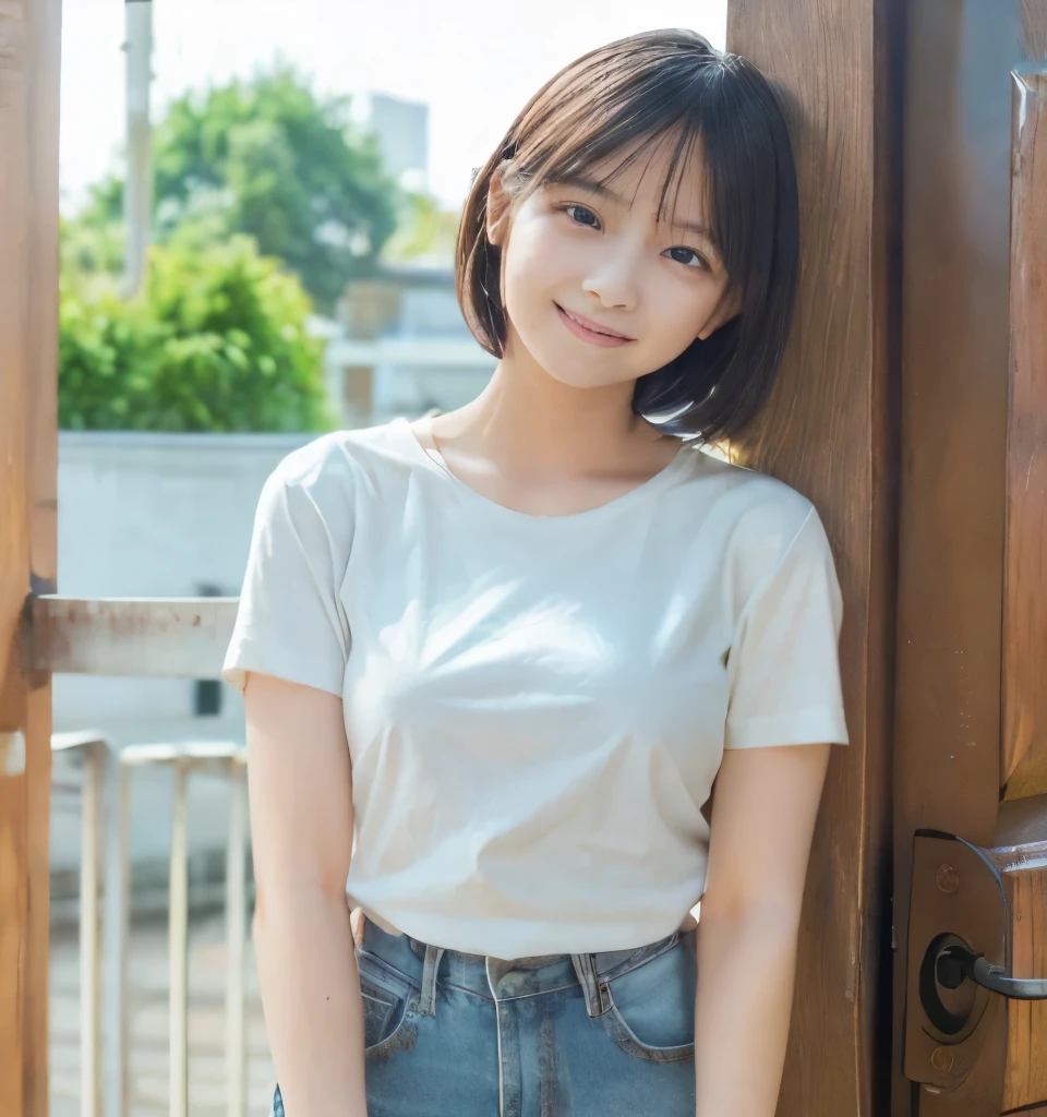 Best image quality、highest quality、masterpiece、Ultra-high resolution、8k、immature、Realistic:1.4、Professional Lighting、Cute school girl、Baby Face、Very short hair、thin、Moderate size chest cup bust、Large erect nipples、smile、Me in a tight white T-shirt、Wearing denim pants、Stand in front of the front door