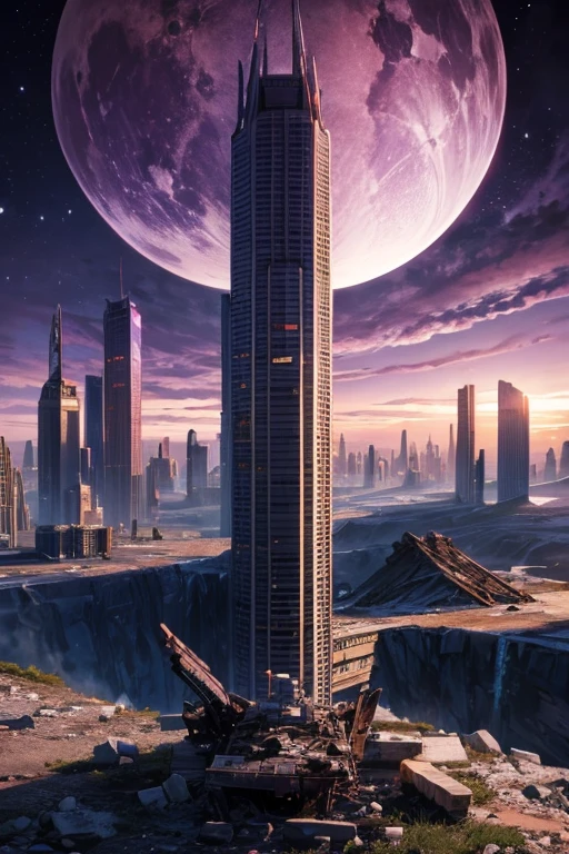 highest quality、Desolate Earth、wreckage、Purple Sky、Surrealism
