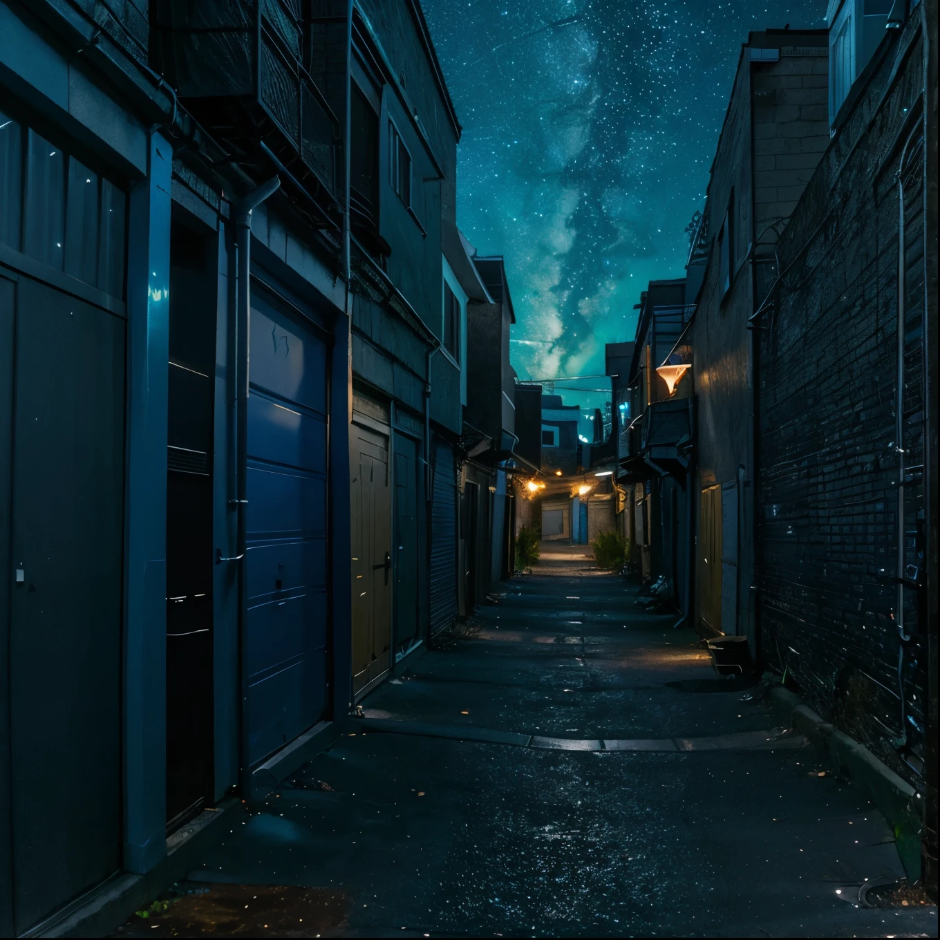 back alley at night, The sky is full of stars, the lights are glowing, Brighten up a bit