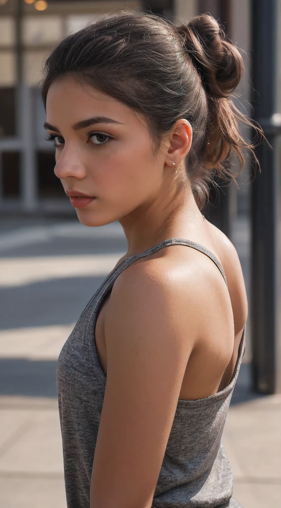 top quality, best quality, High-quality illustrations, masterpiece, super high resolution, detailed background, beautiful female, perfect anatomy, high res, depth of field, detailed background, mexican girl, 24 years old, toned and athletic build, natural beauty, long dark hair is pulled back in a messy bun, simple but stylish clothes, natural makeup, dark eyes