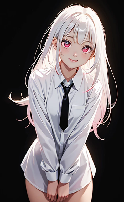 (Photorealistic:1.4)、asuna,(masterpiece、lens flare:1.5、spot light:1.2、Exquisite beautiful eyeonochrome:1.5,portlate、)、Cute Face、 3D Face、(pearl white hair:1.5、Straight Hair)、(1 Girl)、(Red eyes:1.2)、(cowboy shot)、(fingersmile),(tie)、 (Cute face:1.2),(small breasts),(),kind face,(pearl white collared shirt),(black background:1.5)、(glowing eyes:1.3)、()、 Neat and clean、Adorable、Slim Body(Tareme:1.5),Shiny Hair、(Glowing pink Skin)、Nijisketch,Manga,zydG