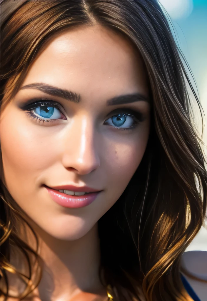 (((Very close up portrait of woman))), instagram model Rachel Cook. Facial portrait of A fashion model, glamour, brown long wavy hair, (((bright blue eyes))), mischevious smile, very detailed face, very detailed eyes. Large breasts. bokeh, 8K, High quality, Masterpiece, Best quality, HD, Extremely detailed, voluminetric lighting, focus on breasts, Photorealistic