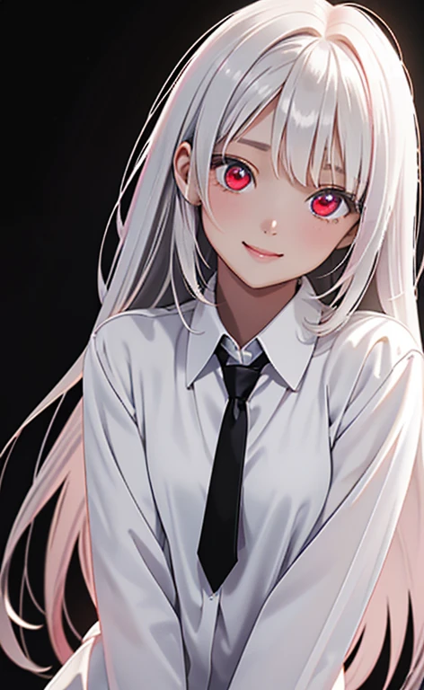 (Photorealistic:1.4)、asuna,(masterpiece、lens flare:1.5、spot light:1.2、Exquisite beautiful eyeonochrome:1.5,portlate、)、Cute Face、 3D Face、(pearl white hair:1.5、Straight Hair)、(1 Girl)、(Red eyes:1.2)、(cowboy shot)、(fingersmile),(tie)、 (Cute face:1.2),(small breasts),(),kind face,(pearl white collared shirt),(black background:1.5)、(glowing eyes:1.3)、()、 Neat and clean、Adorable、Slim Body(Tareme:1.5),Shiny Hair、(Glowing pink Skin)、Nijisketch,Manga,zydG