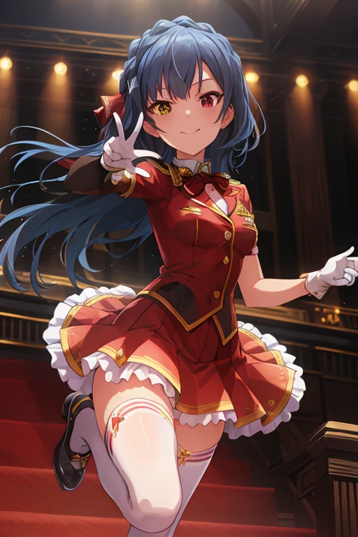 2D, masterpiece, highest quality, anime, Very detailed, whole body, 1 girl, alone, Marine_Idol, hololive Idol uniform, White ribbon, White gloves, Red ribbon, Red bow tie, Layered skirt, Navel clipping, Mismatched legwear, Red Stockings, Black Stockings, Heterochromia iridis, Red eyes, Yellow Eyes, Break Stage, Red light, Dynamic pose, smile