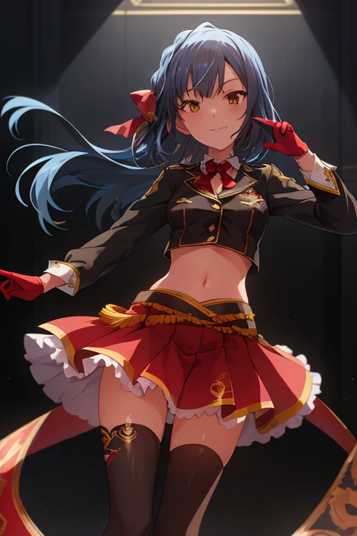 2D, masterpiece, highest quality, anime, Very detailed, whole body, 1 girl, alone, Marine_Idol, hololive Idol uniform, White ribbon, White gloves, Red ribbon, Red bow tie, Layered skirt, Navel clipping, Mismatched legwear, Red Stockings, Black Stockings, Heterochromia iridis, Red eyes, Yellow Eyes, Break Stage, Red light, Dynamic pose, smile