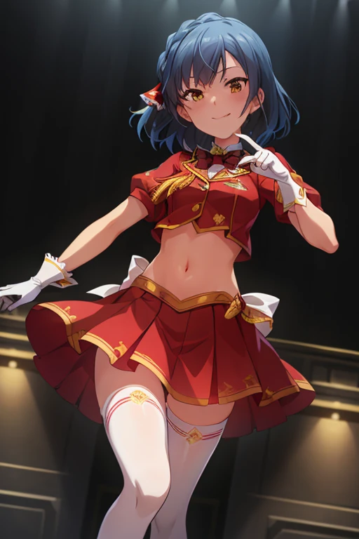 2D, masterpiece, highest quality, anime, Very detailed, whole body, 1 girl, alone, Marine_Idol, hololive Idol uniform, White ribbon, White gloves, Red ribbon, Red bow tie, Layered skirt, Navel clipping, Mismatched legwear, Red Stockings, Black Stockings, Heterochromia iridis, Red eyes, Yellow Eyes, Break Stage, Red light, Dynamic pose, smile 