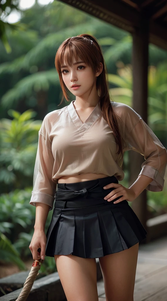 Kasumi, light brown eyes, (best quality, ultra-detailed), (realistic:1.37), beautiful and detailed face, ultra-realistic texture, delicate face, delicate body, red lipstick, bright colors. High definition, 8K. athletic body
