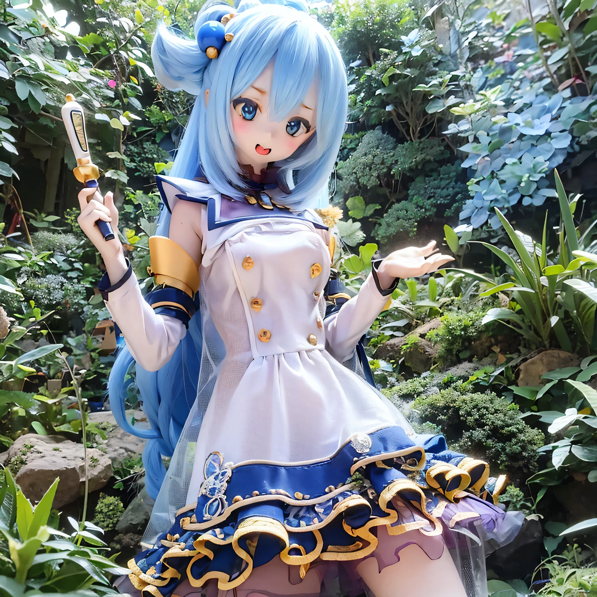 (a young girl and) Blue Hair, (wear) a white and blue dreSS, (Holding) staff, (Standing) wealthy, Vibrant Garden, (and) Colorful flowers (flowering) Around her, (Down) Clear blue sky.(((((punch)))))
(Portraiture) girl&#39;S, (Realistic) rendering, (and) (Very detailed) Features, (inclusive) Sparkling blue eyes, (Rose color) lips, and (length) eyelash.
(highest quality, 4K, High resolution) image, (and) (Vivid) color, (Emphasis expressed) girl&#39;Stylish and lively appearance.
(the garden iS filled and) sunlight, (end) a warm and inviting atmoSphere, (and) kind (Light of the sun) Light up the scene.villain poSe
have a magic wand (((open your mouth and laugh)))