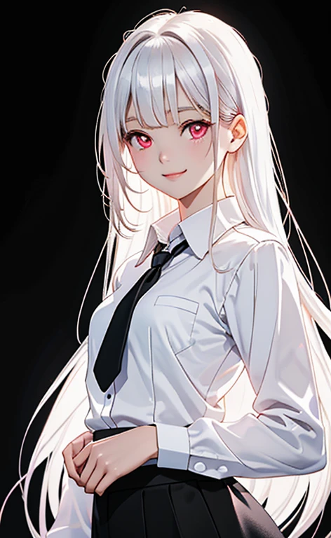 (Photorealistic:1.4)、asuna,(masterpiece、lens flare:1.5、spot light:1.2、Exquisite beautiful eyeonochrome:1.5,portlate、)、Cute Face、 3D Face、(pearl white hair:1.5、Straight Hair)、(1 Girl)、(Red eyes:1.2)、(cowboy shot)、(fingersmile),(tie)、 (Cute face:1.2),(small breasts),(),kind face,(pearl white collared shirt),(black background:1.5)、(glowing eyes:1.3)、()、 Neat and clean、Adorable、Slim Body(Tareme:1.5),Shiny Hair、(Glowing pink Skin)、Nijisketch,Manga,zydG