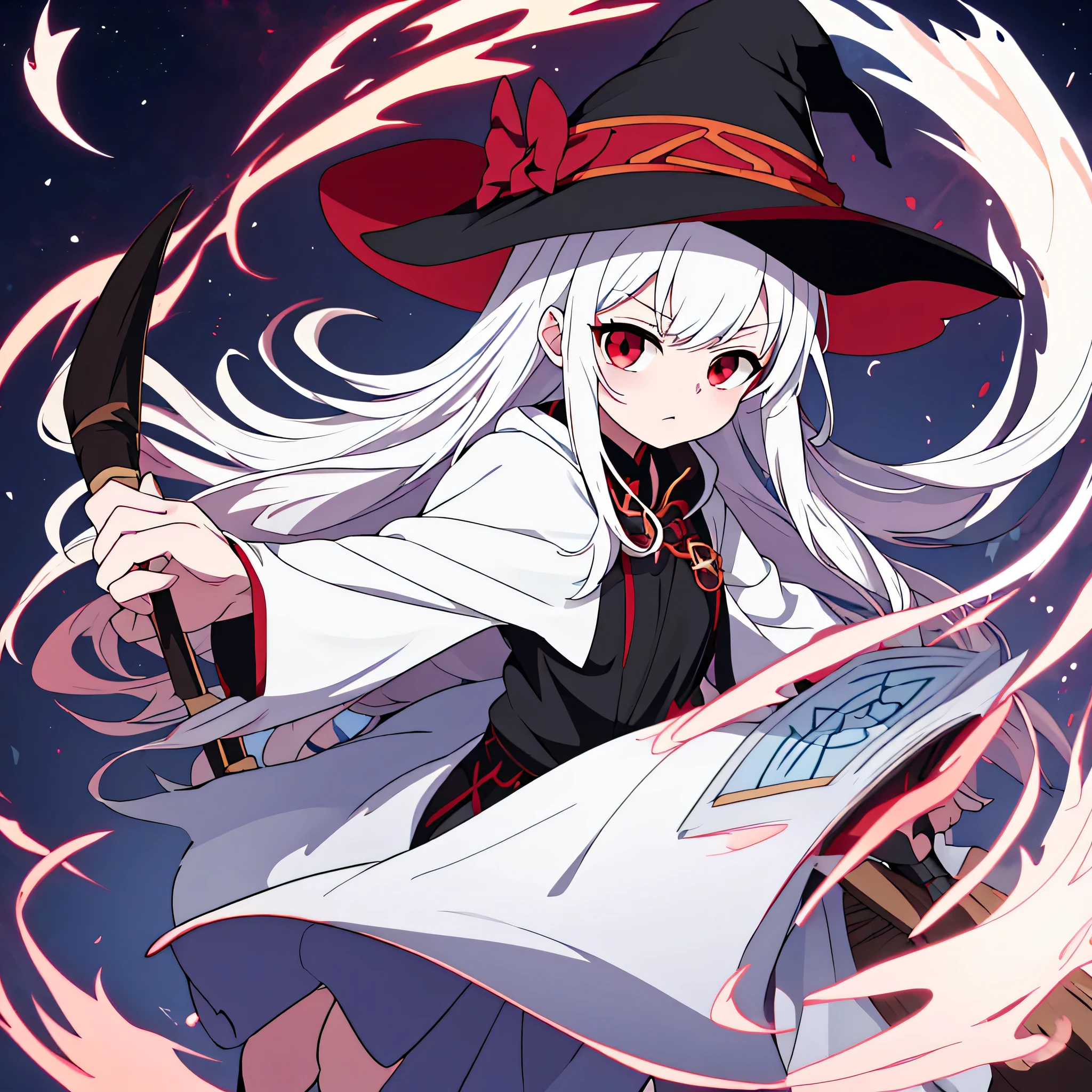 Girl wearing a witch hat，Red eyes，White hair is white，Riding a magic broom，Holding a magic book in hand。There is a black cat with red eyes squatting next to the girl。