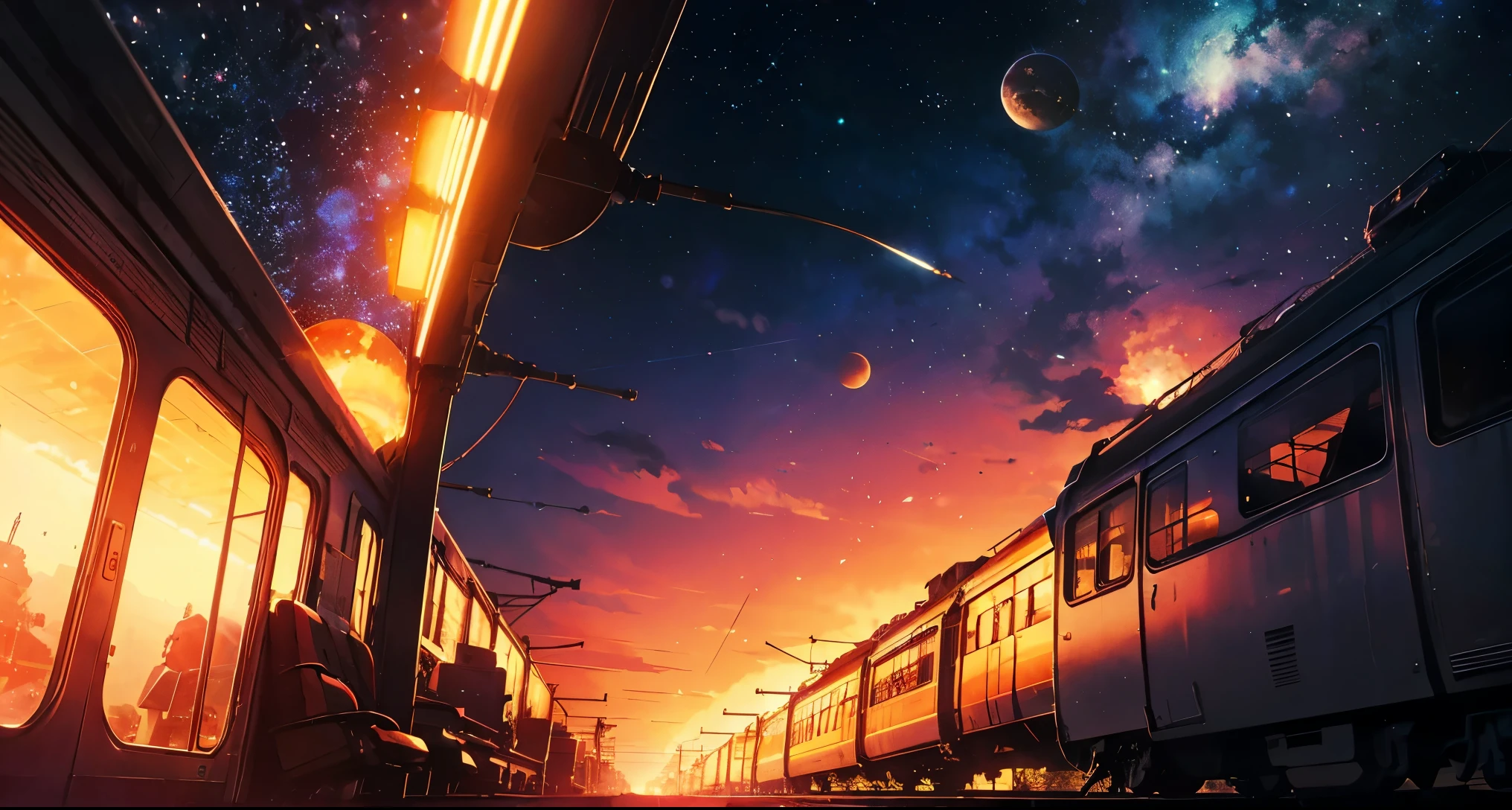 masterpiece, Very detailed, Concept Art, Centered, Medium Shot, Train stopped on the tracks, by makoto shinkai, Deviant Art, Space Art, Header text", Kaleidoscope of colors
, Anime-like, dream-like, (A magnificent composition, Epic proportions), High resolution