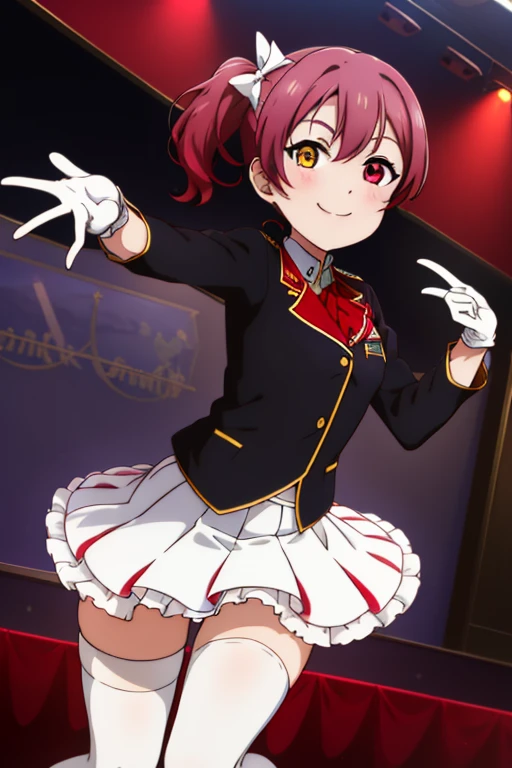 2D, masterpiece, highest quality, anime, Very detailed, whole body, 1 girl, alone, Marine_Idol, hololive Idol uniform, White ribbon, White gloves, Red ribbon, Red bow tie, Layered skirt, Navel clipping, Mismatched legwear, Red Stockings, Black Stockings, Heterochromia iridis, Red eyes, Yellow Eyes, Break Stage, Red light, Dynamic pose, smile