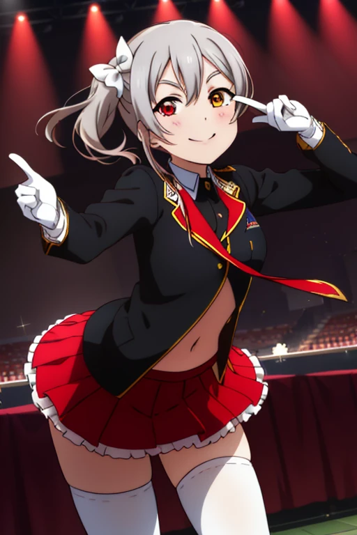 2D, masterpiece, highest quality, anime, Very detailed, whole body, 1 girl, alone, Marine_Idol, hololive Idol uniform, White ribbon, White gloves, Red ribbon, Red bow tie, Layered skirt, Navel clipping, Mismatched legwear, Red Stockings, Black Stockings, Heterochromia iridis, Red eyes, Yellow Eyes, Break Stage, Red light, Dynamic pose, smile