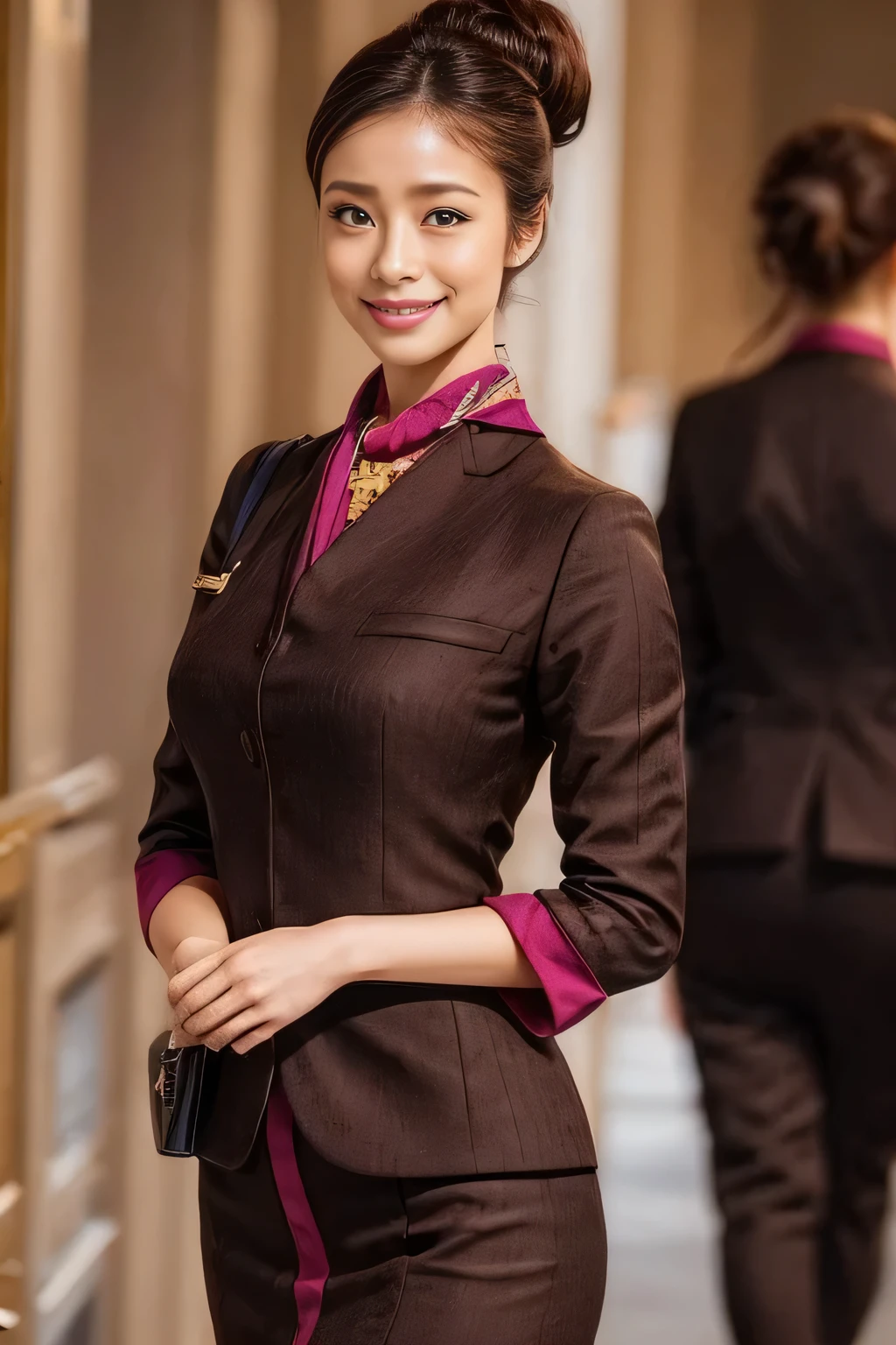 (masterpiece:1.2、highest quality:1.2)、32K HDR、High resolution、(alone、1 girl、Slim figure)、(A realistic reproduction of the ETIHAD Airways Cabincrew Uniform)、 (On board, Professional Lighting)、Background on board、A proper woman, Beautiful Face,、(Long sleeve ETIHAD Airways Cabincrew Uniform)、(ETIHAD Airways Cabincrew Uniform skirt with purple stripe on the front)、(scarf on chest)、Big Breasts、(Chignon、Long hair updo、Hair Bun)、Dark brown hair、Long Shot、((Great hands:2.0))、((Harmonious body proportions:1.5))、((Normal limbs:2.0))、((Normal finger:2.0))、((Delicate eyes:2.0))、((Normal eyes:2.0)))、Beautiful standing posture、smile、Place your hands around your stomach