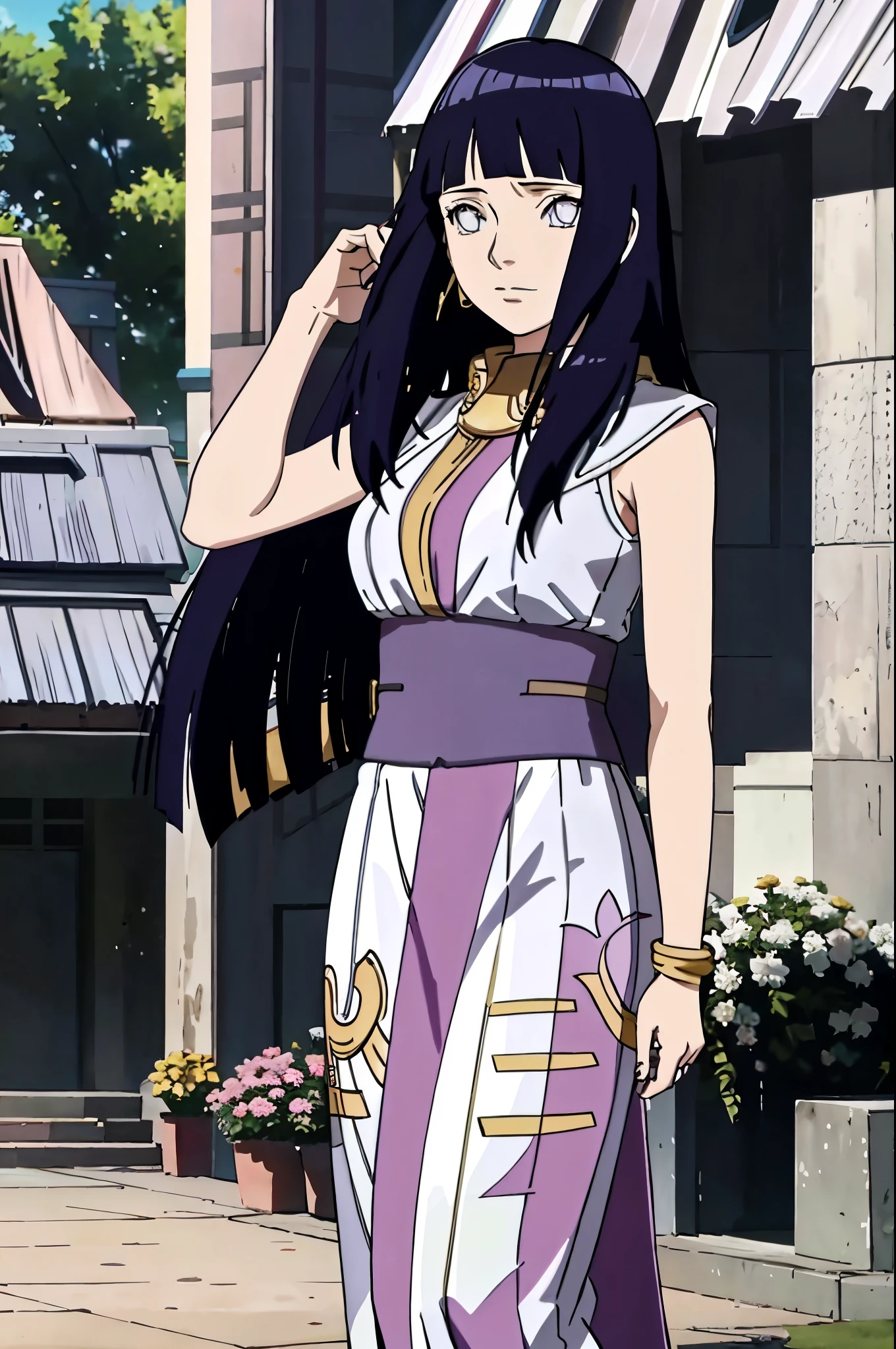 Create a beautiful fan art of Hinata Hyuga from the Naruto series, depicted in a traditional Indian sari. Hinata is wearing a vibrant, elegantly draped sari in colors like deep blue, rich purple, or soft pink, adorned with intricate gold embroidery and delicate patterns. Her hair is styled in a neat, traditional bun with a few loose strands framing her face, adding to her graceful and gentle appearance.

Hinata's expression is soft and serene, reflecting her gentle nature and inner strength. She is standing in a peaceful, outdoor setting, perhaps in a garden with blooming flowers and lush greenery. The background could also include elements of traditional Indian architecture, such as an ornate temple or a beautifully carved archway, to enhance the cultural setting.

The sari should be detailed with fine patterns and embellishments, and Hinata could be wearing traditional Indian jewelry such as bangles, a necklace, and a bindi on her forehead. The overall style of the art should be cute and respectful, capturing Hinata's character in a new cultural attire without any sexy or adult-themed elements.

The art should have a soft, fan art style that emphasizes the beauty and cultural richness of the traditional Indian sari, while maintaining the charm and personality of Hinata Hyuga