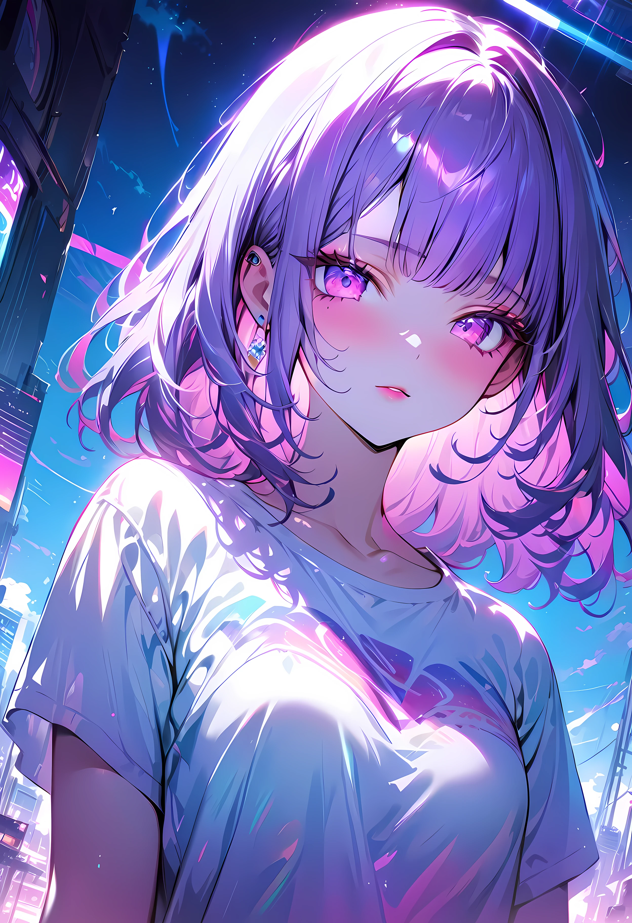 1 girl, Colorful theme, synthwave sky,(best quality, high quality, High resolution), actual, Super detailed, Highly detailed facial features, Ridiculous,  actual lighting and reflections, Highly detailed facial features, see through shirt, best photos,high quality illustration