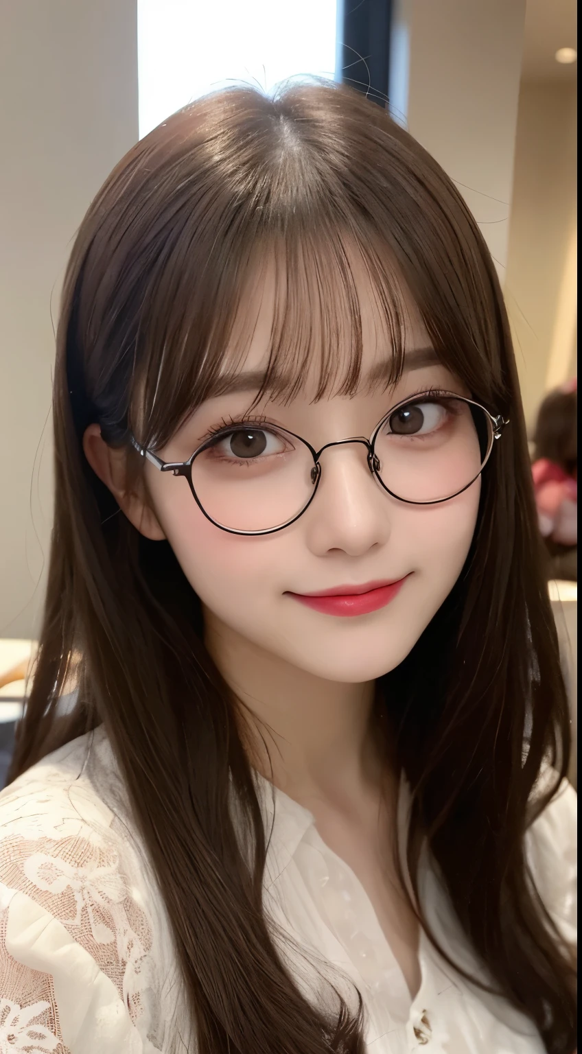 Tabletop, highest quality, shape, Very detailed, finely, High resolution, 8k wallpaper, 完璧なダイナミックな構shape, Beautiful and exquisite,ランダムなcute髪,,Natural color lip, Bold sexy pose,smile、20-year-old girl、cute、Looking into the camera,Always blur the background,Perfect and beautiful face,Slim face and figure,Big eyes、Putting on gal makeup,Small face,Shooting from below、Blurred Background,Elegant feminine face、smile、Actual Photos、Adult Lolita Fashion,Glasses