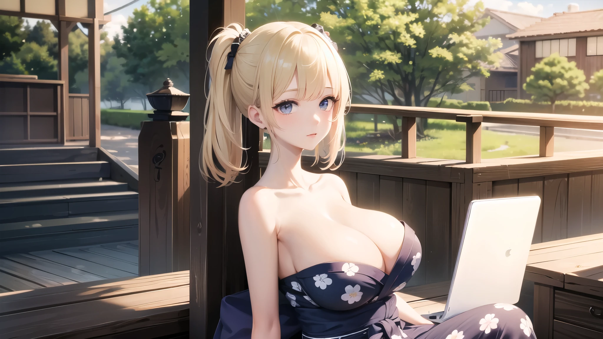 (((masterpiece, best quality))), (((superior quality))), cute girl, ((extremely detailed girl)), ((huge breasts)), (yukata), (bare shoulders), strapless top, twin-tail blonde