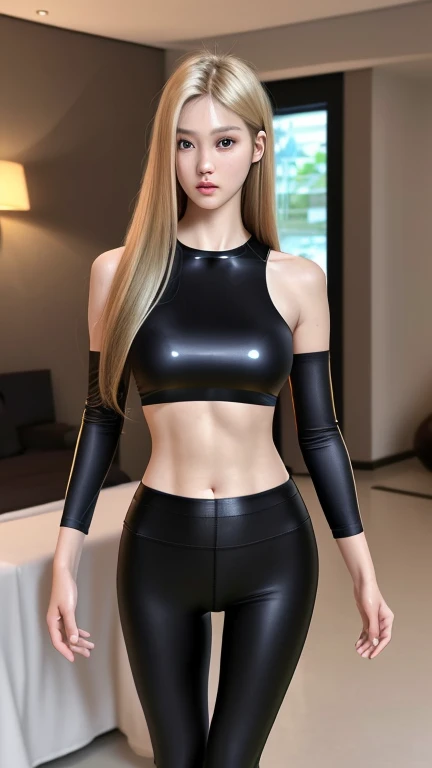 (best quality,4k,8k,highres,masterpiece:1.1),ultra-detailed,(realistic:1.17), young, ultra hot dark Blonde Thailand korean mixed ultra hot Girl , detailed skin texture, slim sexy round hip, narrow waist. wearing tightly transparent leggings, facing front , frontal view , indoors , modern suite room