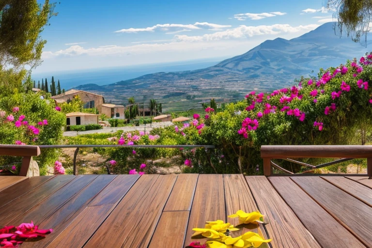 frontal perspective of a wooden table full of colorful flower petals, with the very blurry background of an ancient Sicilian village on the mountain in the distance