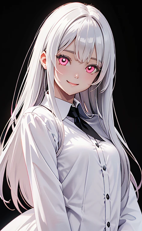 (Photorealistic:1.4)、asuna,(masterpiece、lens flare:1.5、spot light:1.2、Exquisite beautiful eyeonochrome:1.5,portlate、)、Cute Face、 3D Face、(pearl white hair:1.5、Straight Hair)、(1 Girl)、(Red eyes:1.2)、(cowboy shot)、(fingersmile),()、 (Cute face:1.2),(small breasts),(),kind face,(pearl white collared shirt),(black background:1.5)、(glowing eyes:1.3)、()、 Neat and clean、Adorable、Slim Body(Tareme:1.5),Shiny Hair、(Glowing pink Skin)、Nijisketch,Manga,zydG
